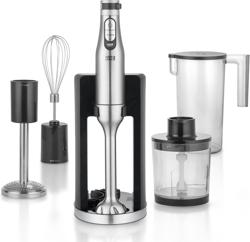 LEBENLANG Premium 1200W : Mixeur plongeant avec accessoires et protection anti-éclaboussures.