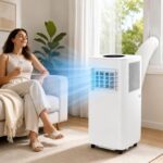 Climatiseur mobile silencieux de 13000 BTU : refroidissement, déshumidification et ventilation disponibles.