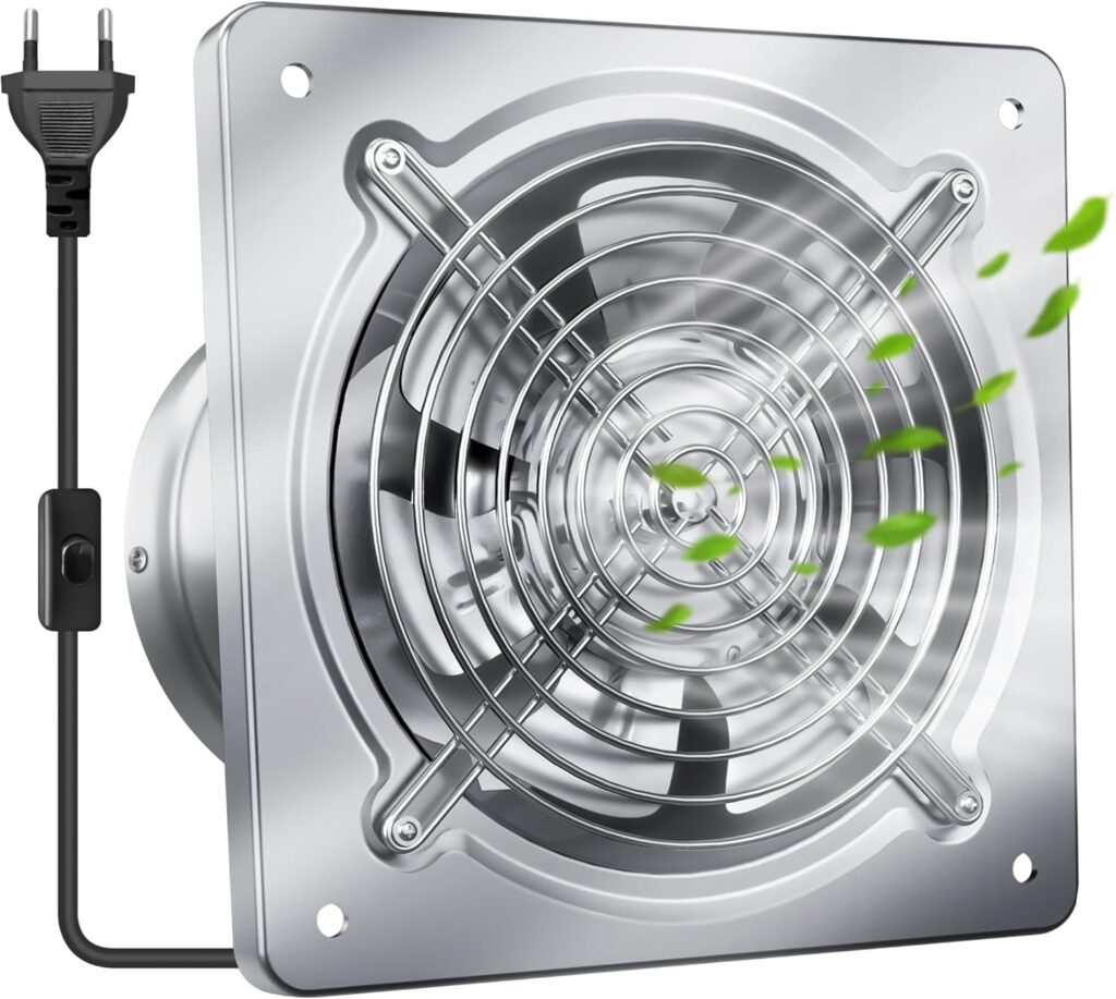 Extracteur d’air 150mm à 525m³/h avec clapet anti-retour, idéal pour salles de bains et cuisines.