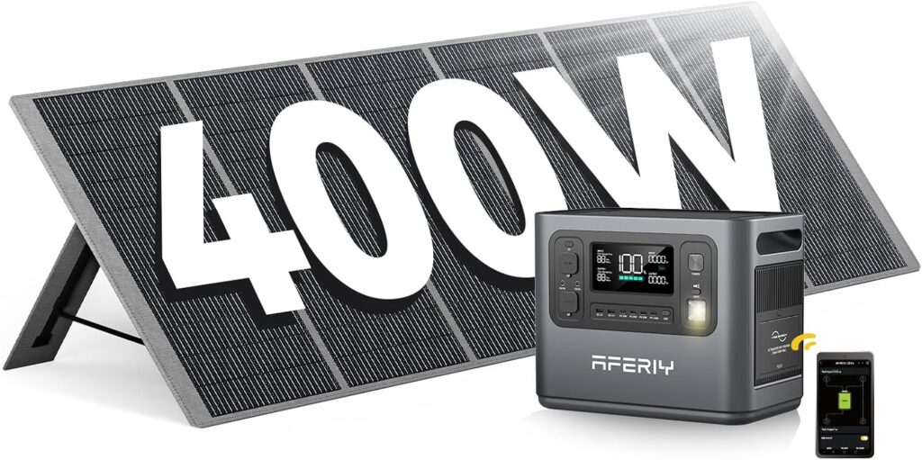 Générateur électrique portable AFERIY 2400W et panneau solaire de 400W pour le camping.