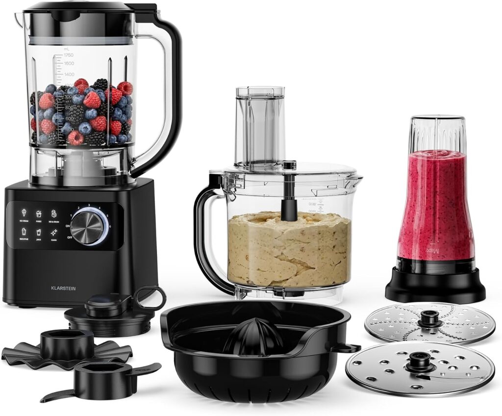 Klarstein Velaire : Robot culinaire multifonction 1200 W avec blender et accessoires.
