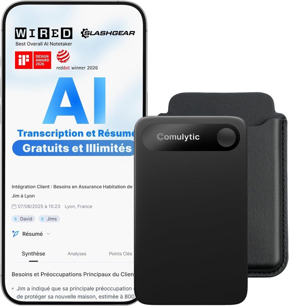 Enregistreur vocal AI Comulytic Note Pro : transcription illimitée en 113 langues pour conférences et réunions.