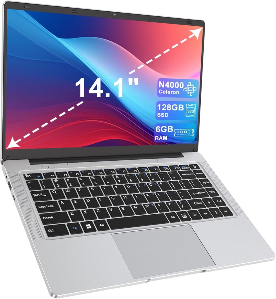 Ordinateur portable 14″ avec 6 Go de RAM et 128 Go de SSD, conçu pour étudiants et professionnels.