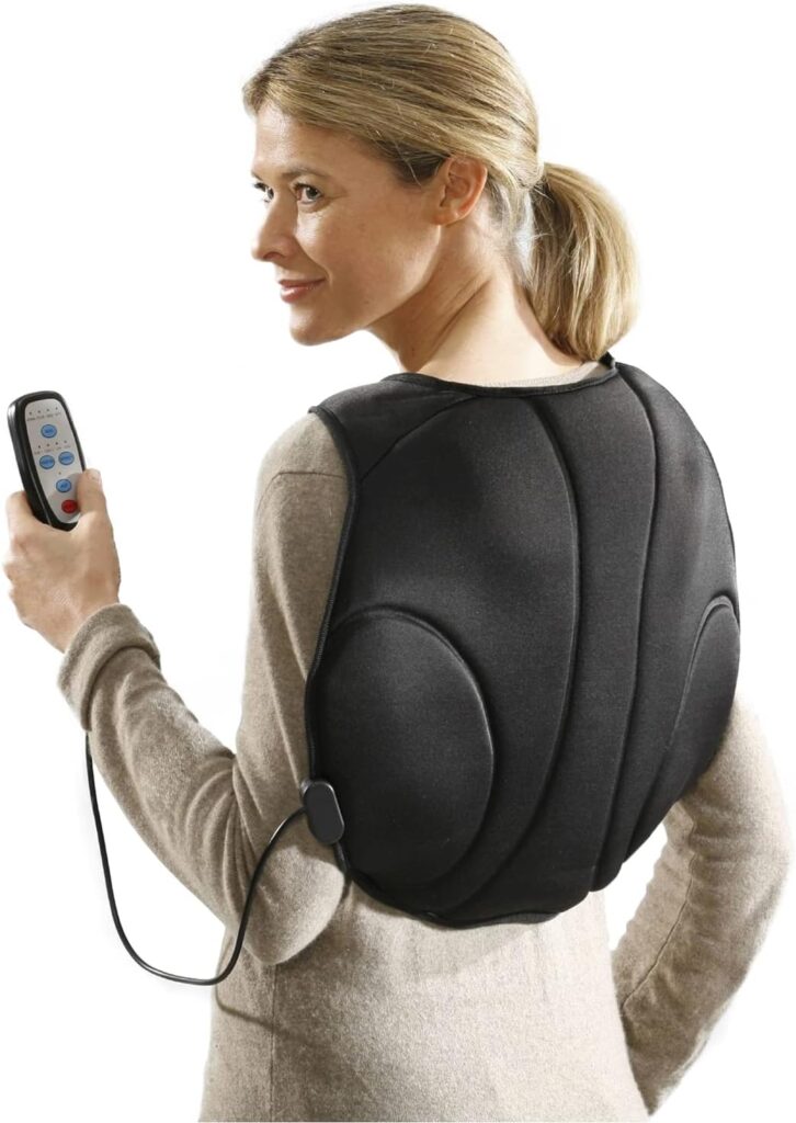Maximex présente un masseur dorsal et cervical à 4 fonctions en plastique anthracite, dimensions 23,5 x 35 x 17 cm.