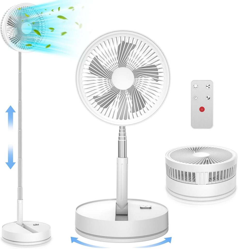 Ventilateur pédestal pliable 22 dB avec télécommande et batterie de 8000 mAh, pour bureau et voyage.