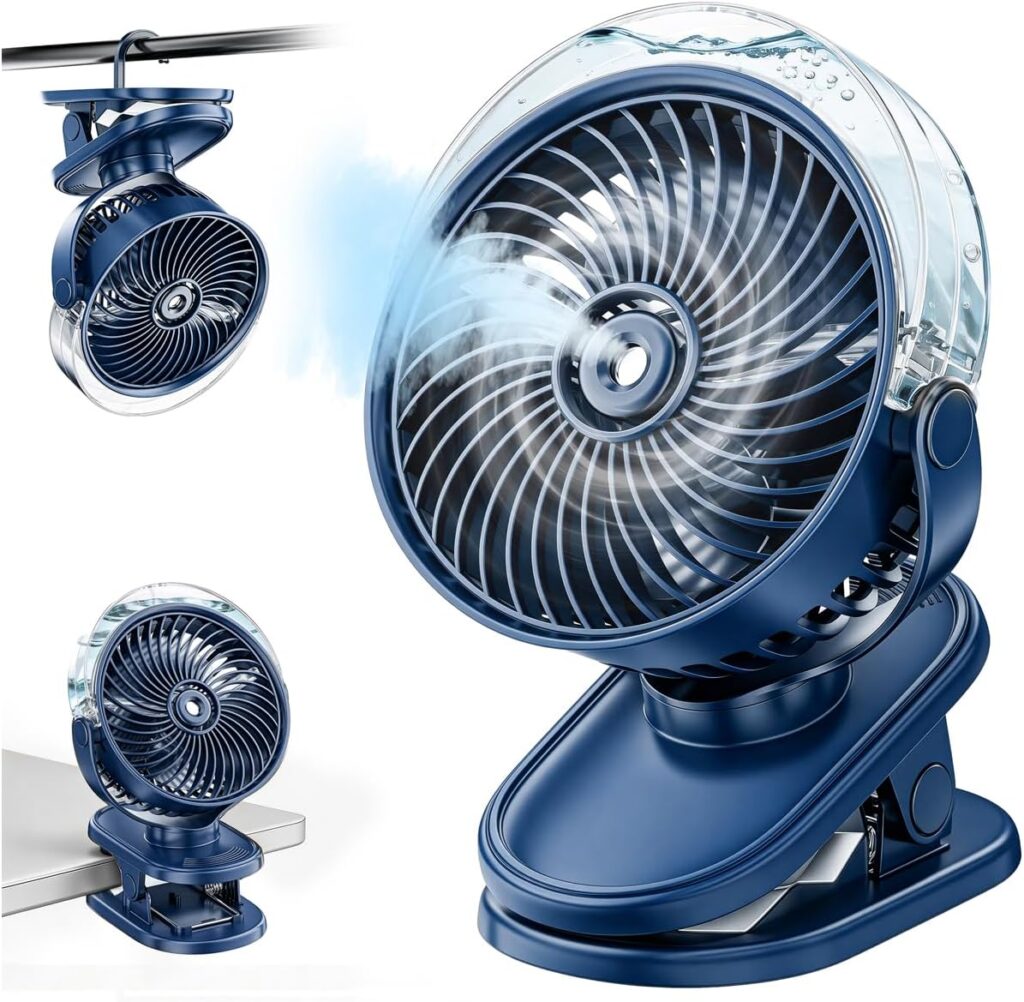 Ventilateur portable rechargeable avec rotation de 360° et brumisateur pour bureaux et maisons.