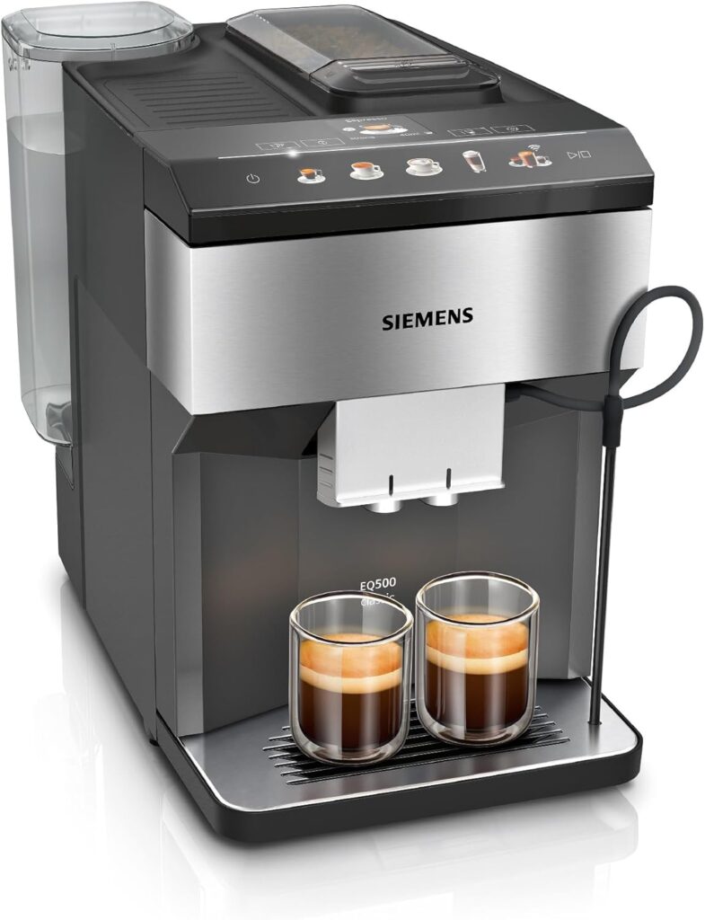 Siemens présente le modèle TP516RX3 EQ500, une machine à café automatique.
