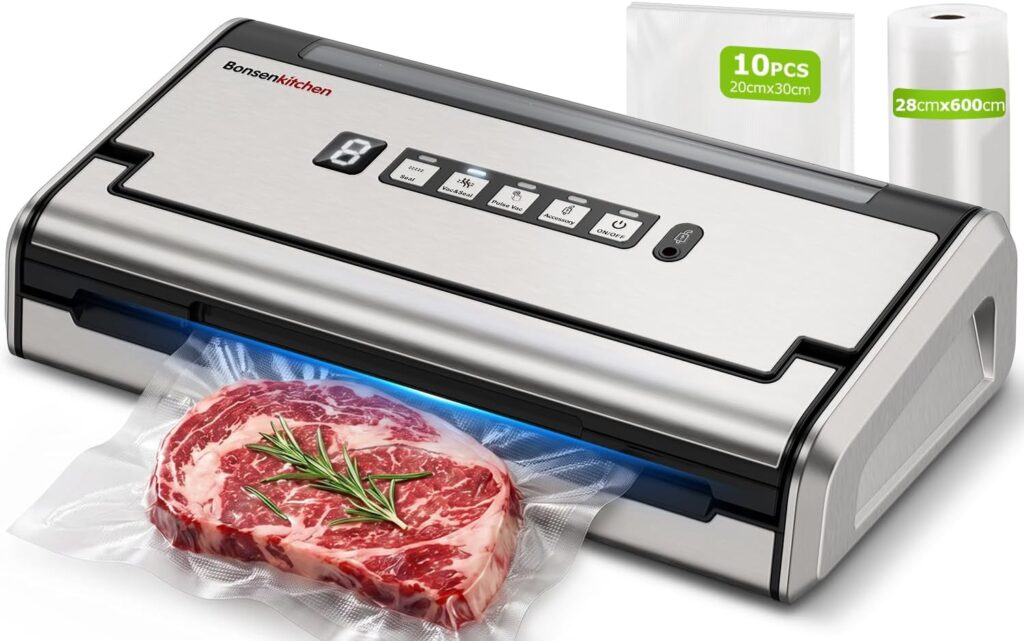Bonsenkitchen VS4200 : Machine sous vide étanche en acier inoxydable avec sacs inclus.