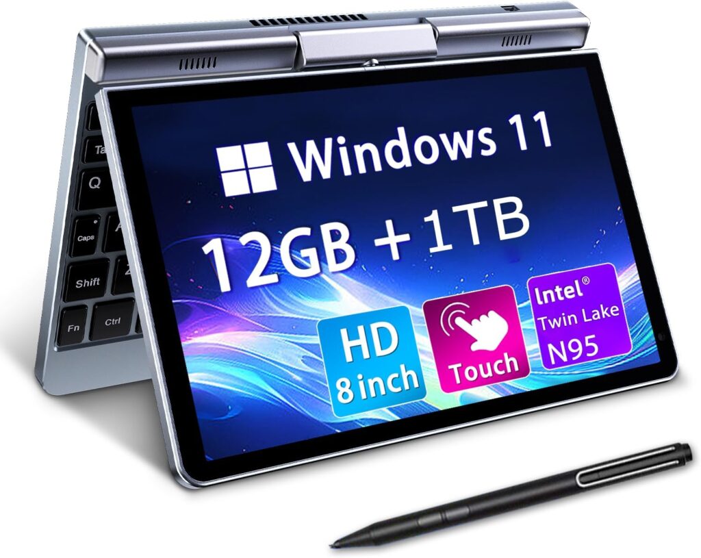 Mini 8″ 2-en-1 avec Windows 11 et processeur N95, 12 Go RAM, 1 To SSD, pour usage scolaire et professionnel