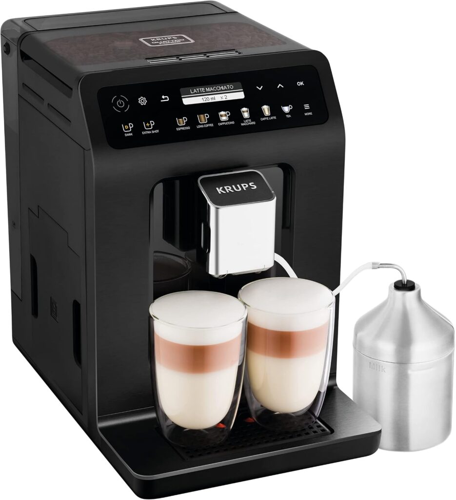Krups Evidence Plus : Machine à café automatique avec broyeur, couleur noir métallique.