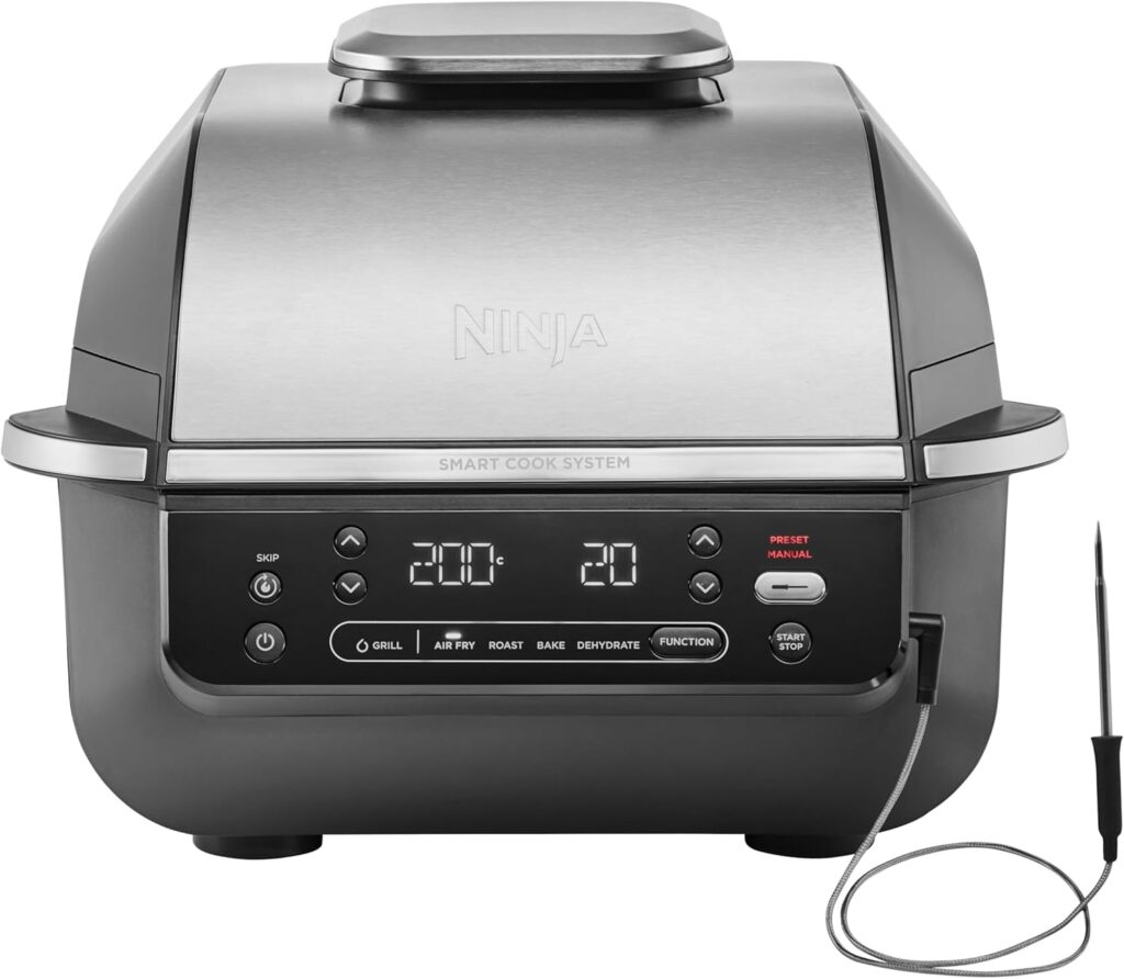Ninja 5-in-1 Indoor Grill : capacité de 5,7L, cuisson de 4 burgers, émission de fumée réduite.
