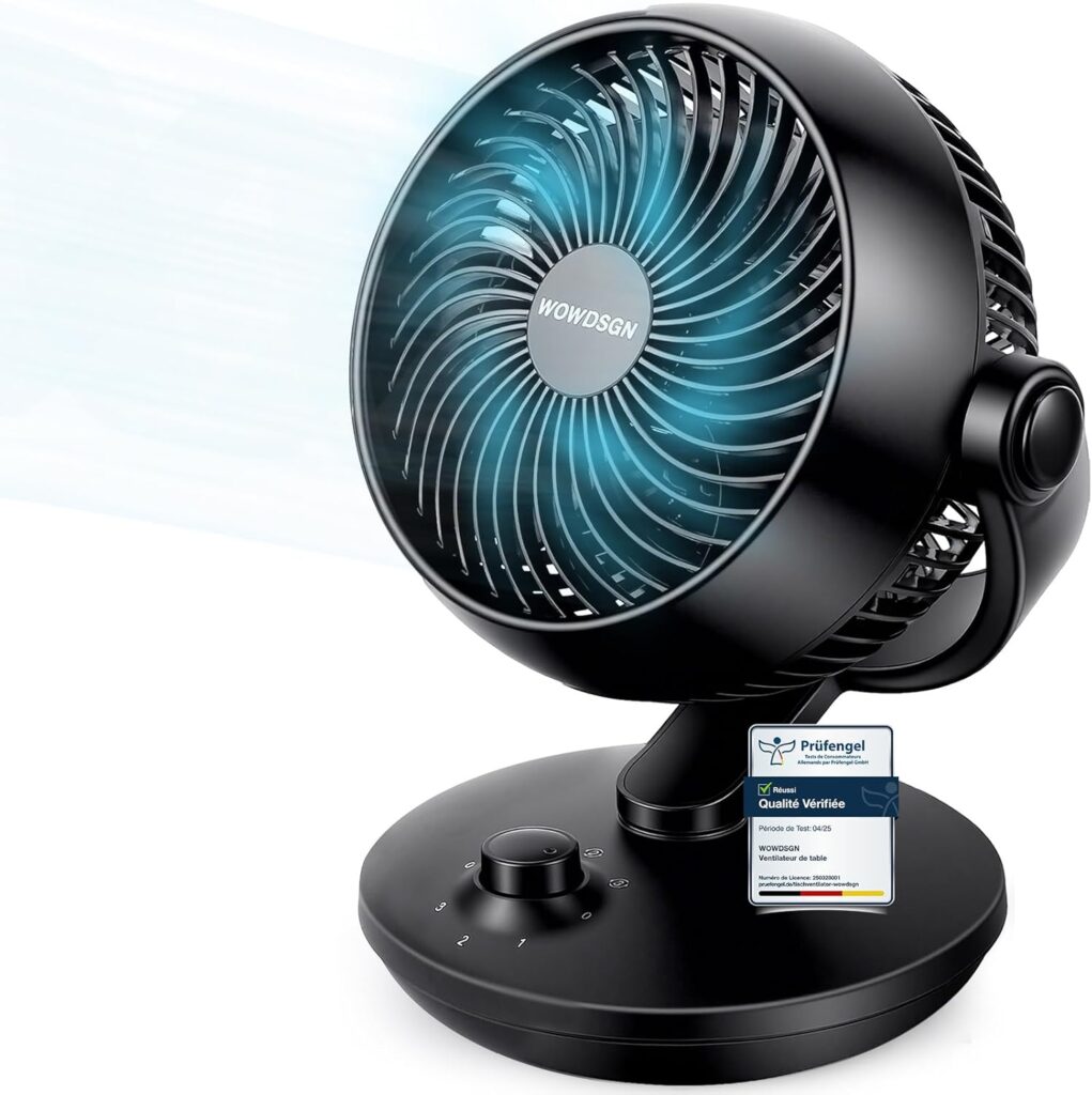 Ventilateur silencieux WOWDSGN 24dB avec oscillation horizontale de 80° et verticalement ajustable à 100° pour bureaux.