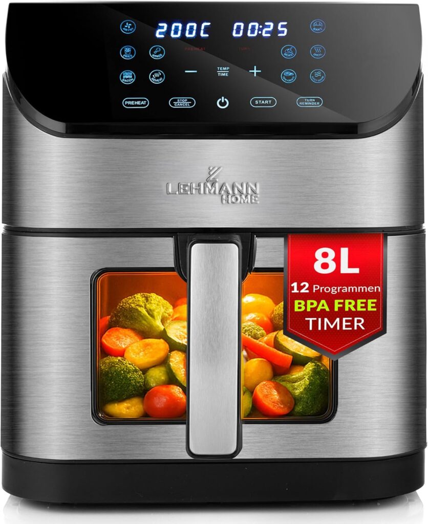 Lehmann XXL : friteuse à air de 8L avec fenêtre de visualisation et 10 programmes disponibles.