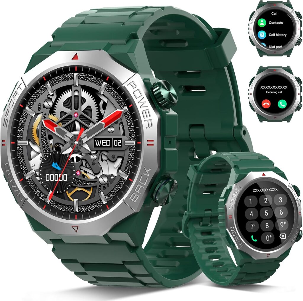 Soudorv Men’s Smart Watch : montre militaire avec Bluetooth pour appels, couleur verte.