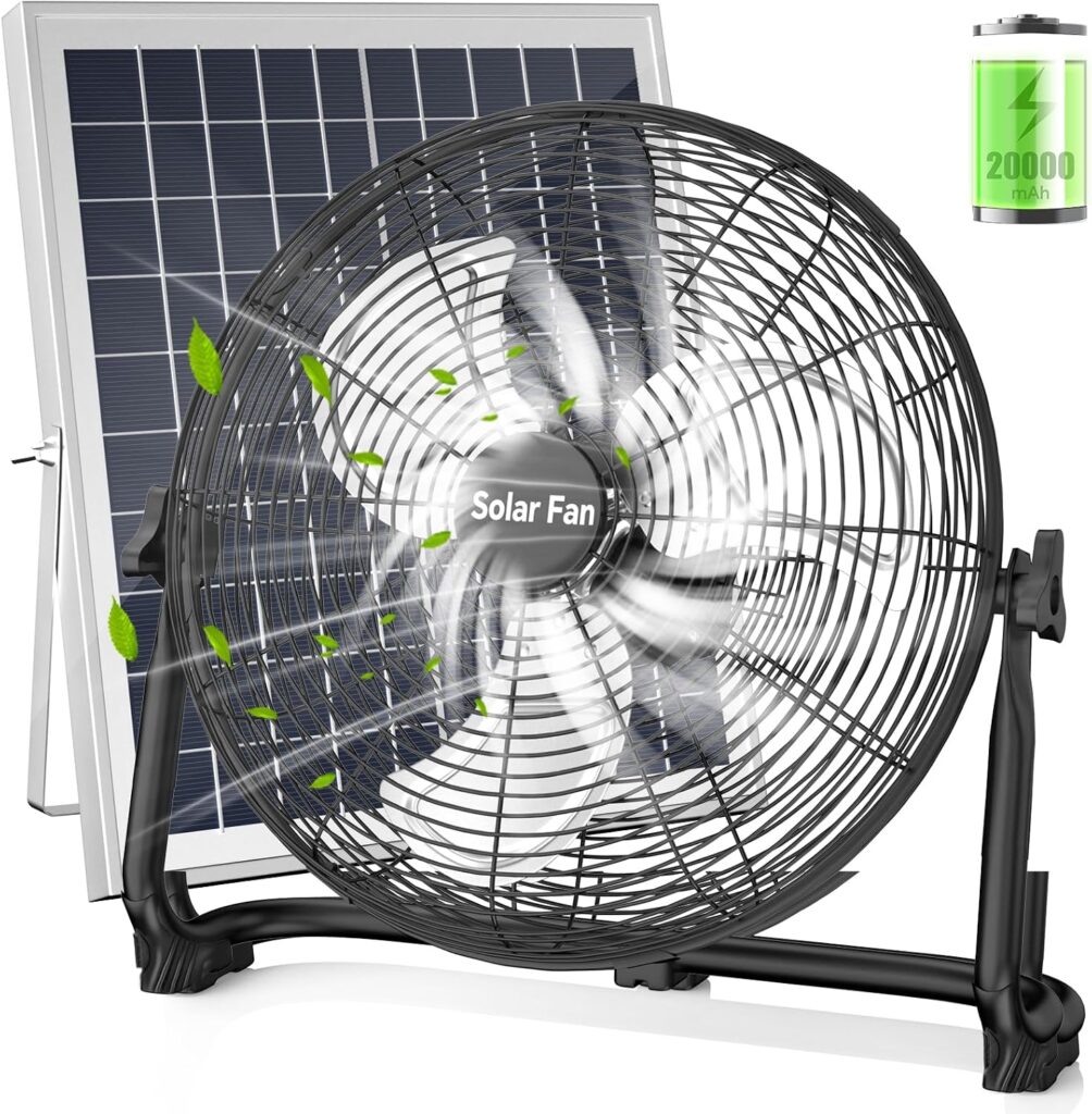 Ventilateur industriel sans fil de 16 pouces : alimenté par batterie solaire et secteur, autonomie de 60 heures.