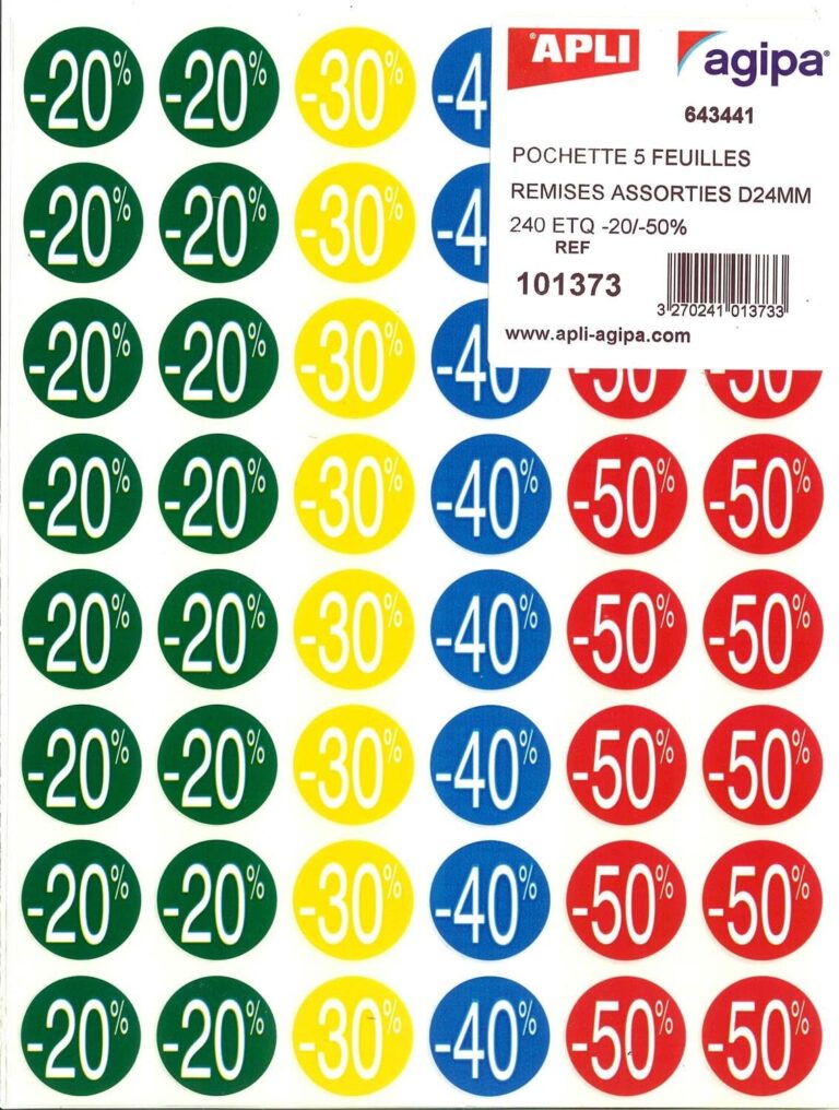 Apli 101373 : Étiquettes de réduction de 20 % à 50 % sur 5 feuilles de 24 mm