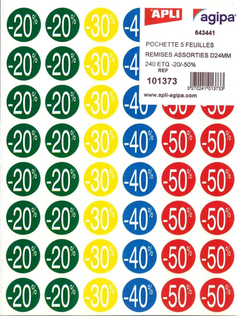 Apli 101373 : Étiquettes de réduction de 20 % à 50 % sur 5 feuilles de 24 mm