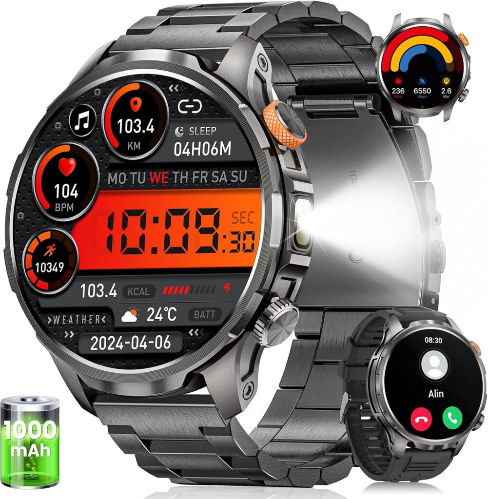 Montre connectée de 1,91 pouce avec 110 modes sportifs et fonctionnalités de santé disponible pour Android et iOS.