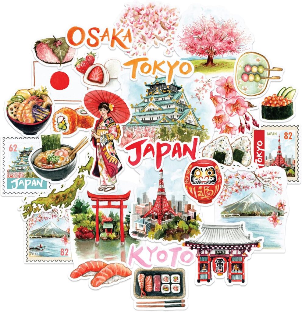 Navy Peony : 29 autocollants de voyage du Japon pour le scrapbooking et les carnets.