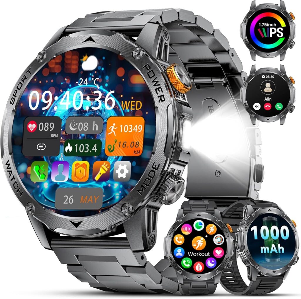 Montre intelligente pour hommes avec écran de 1,75 pouce et 1000 mAh, IP68 étanche.