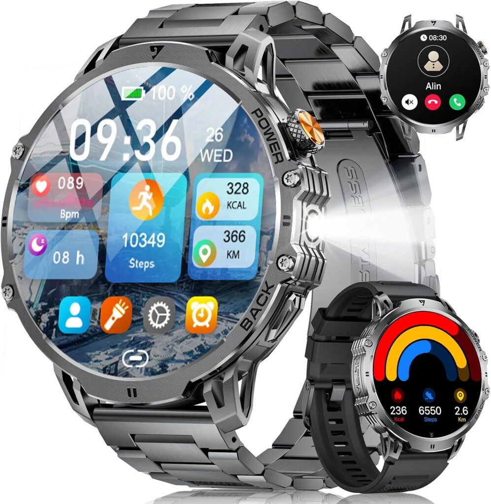 Smartwatch étanche IP68 avec écran HD de 1,85 pouce et 130 modes sportifs disponibles.