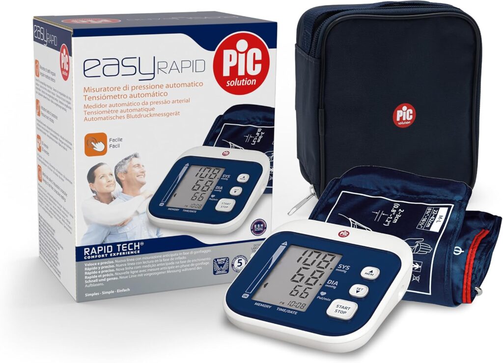 Utilisation d’un tensiomètre Pic Solution Easyrapid pour le suivi de la pression artérielle à domicile.