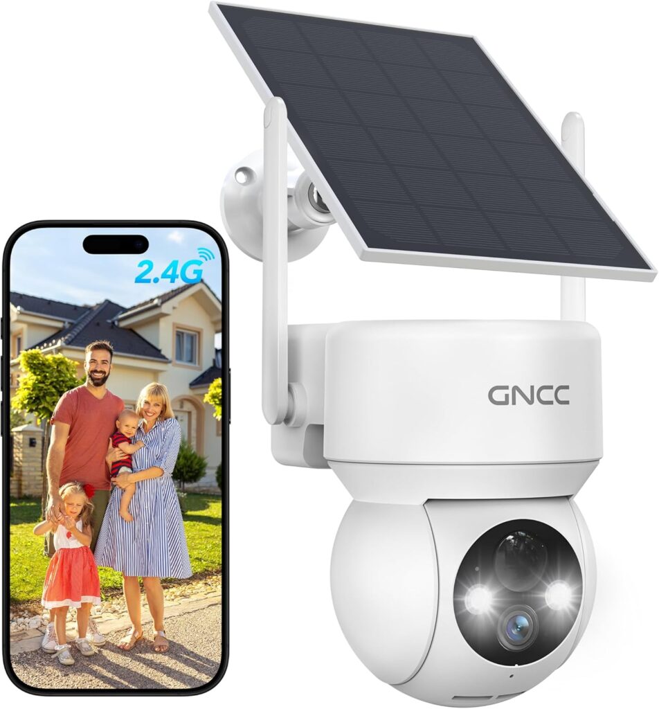 GNCC présente une caméra de surveillance extérieure WiFi sans fil à batterie et panneau solaire avec détection humaine.