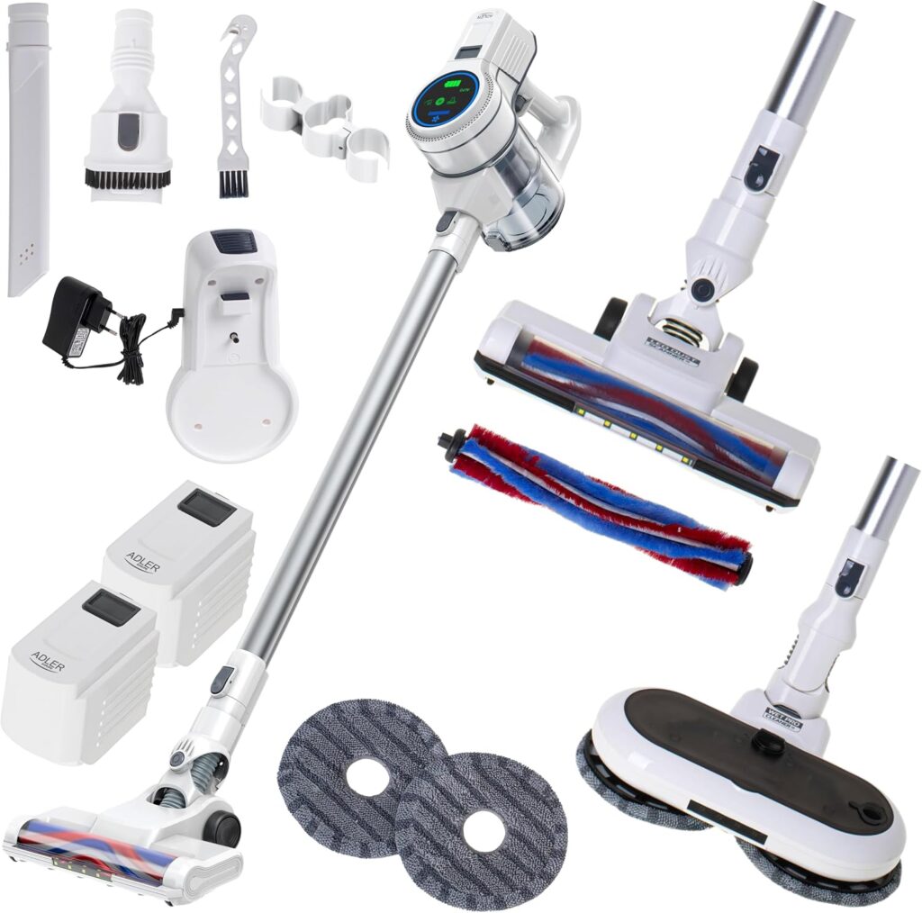 ADLER présente un aspirateur sans fil avec fonction serpillère et station de nettoyage automatique.