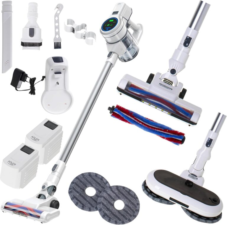 ADLER présente un aspirateur sans fil avec fonction serpillère et station de nettoyage automatique.