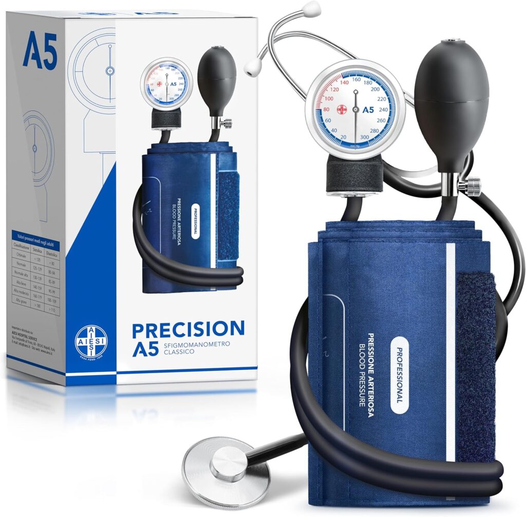 AIESI présente un tensiomètre anéroïde professionnel avec stéthoscope pour adultes, 24 mois de garantie.