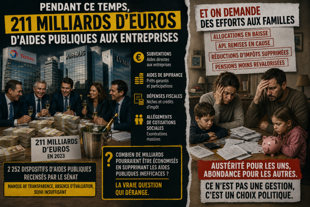 Pendant ce temps, 211 milliards d'euros d'aides publiques aux entreprises