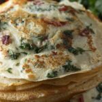Recette de crêpes salées aux tomates et épinards, plat nutritif pour les régimes équilibrés.