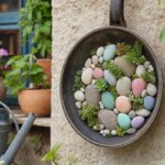 Une poêle recyclée en déco de jardin pour moins de 3 euros en France.