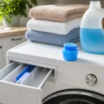 Remplir le bouchon de lessive jusqu&rsquo;au trait : une erreur qui encrasse linge et machine.