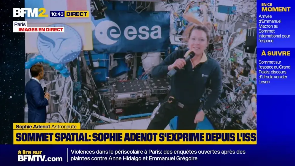 Sophie Adenot s’exprime depuis l’ISS lors d’un sommet international sur l’espace avec Emmanuel Macron.