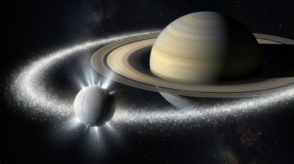 Une lune de Saturne génère un anneau de glace d’un million de km à 400 km d’altitude.