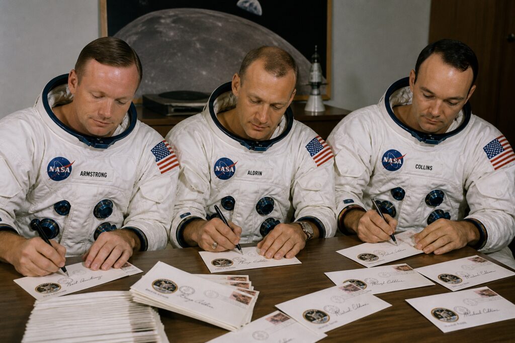 Les astronautes d’Apollo signent des enveloppes pour remplacer une assurance-vie inexistante.