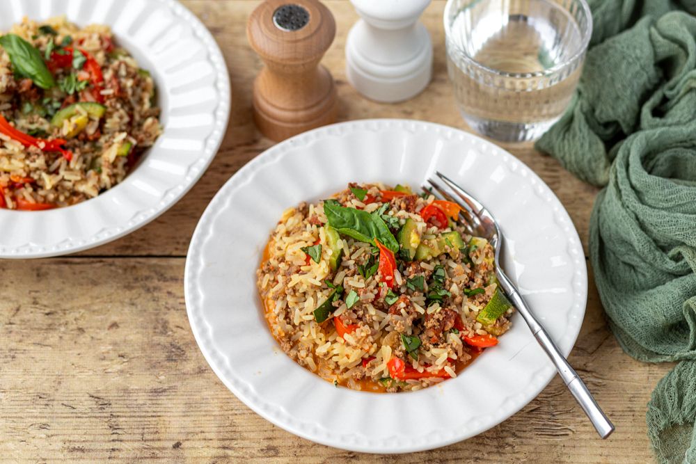 Recette de One Pot : Riz au bœuf, chorizo et légumes préparé au Thermomix