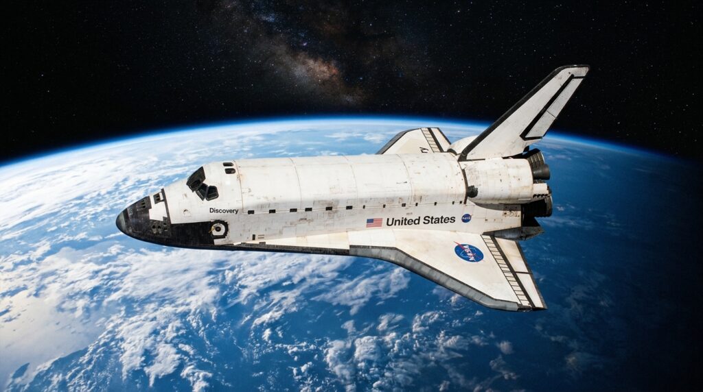 Un flash frappe la navette Discovery en orbite sans alarme, lumière provenant de la Terre.