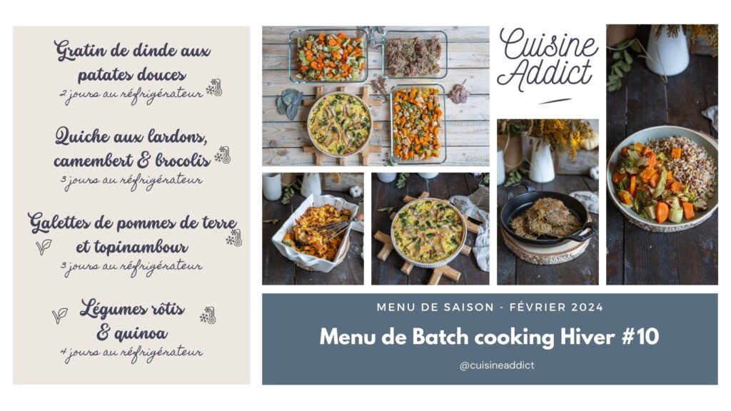 Menu de batch cooking complet pour la semaine 9 de février 2024 en France.