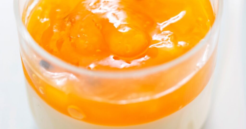 Recette de panna cotta à la vanille avec coulis de mirabelles en cuisine française.