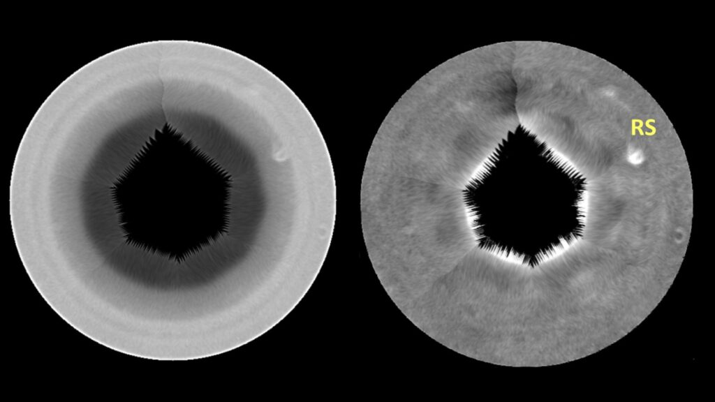 Hubble détecte un décagone mystérieux au pôle Sud de Saturne, suscitant l’intérêt des astronomes.